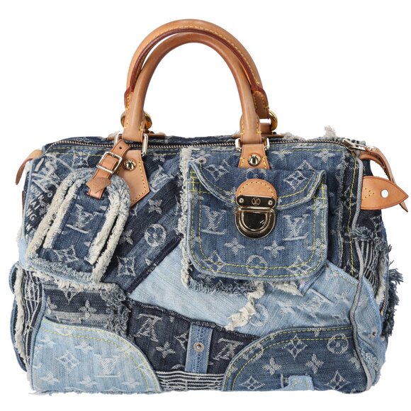 Louis Vuitton Speedy 30 Monogram Denim Patchwork Handbag M95380 Blue - Picture 1 of 11